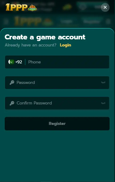 1PPP Game registration page for Android with mobile number, password, and new account sign-up form.
