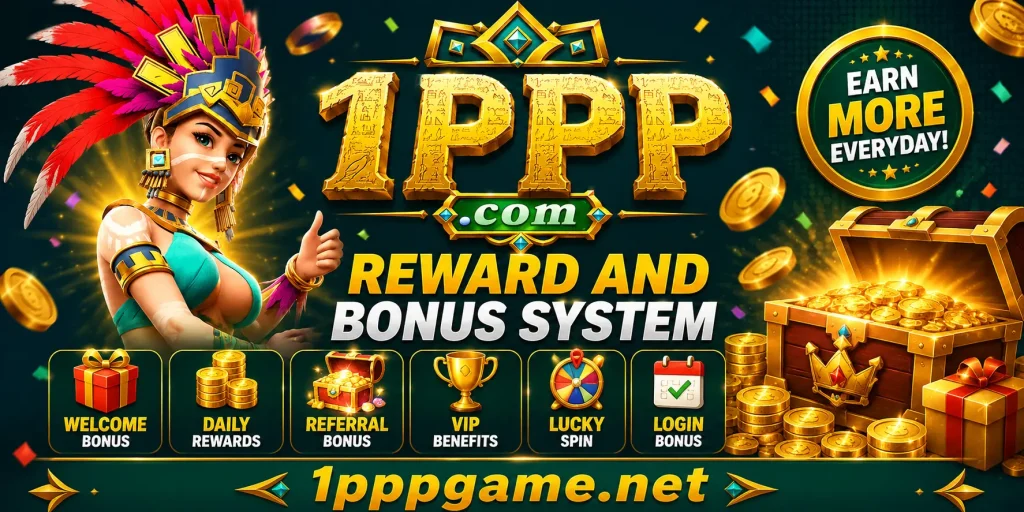 1PPP Game Reward and Bonus System banner with welcome bonus, daily rewards, referral bonus, VIP benefits, lucky spin, login bonus, and 1pppgame.net branding.