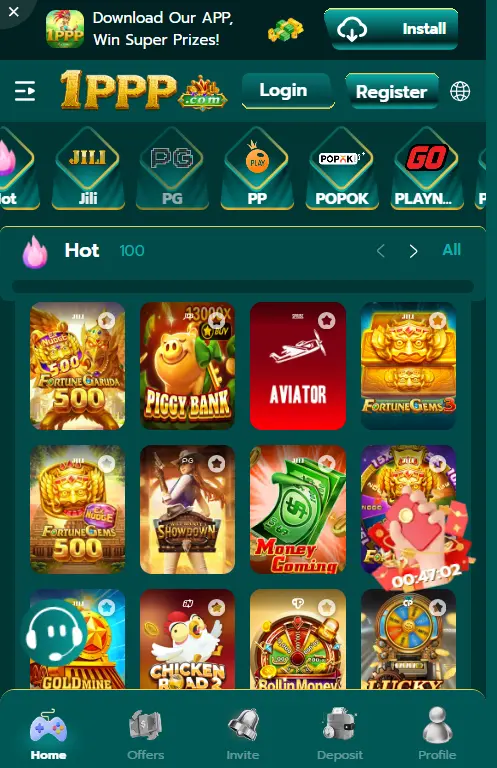 1PPP Game home screen displaying slot games, Aviator, Fortune Gems, Money Coming, and Android game categories.