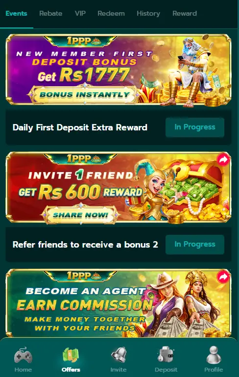 1PPP Game promotions page featuring first deposit bonus, referral rewards, and agent commission offers.