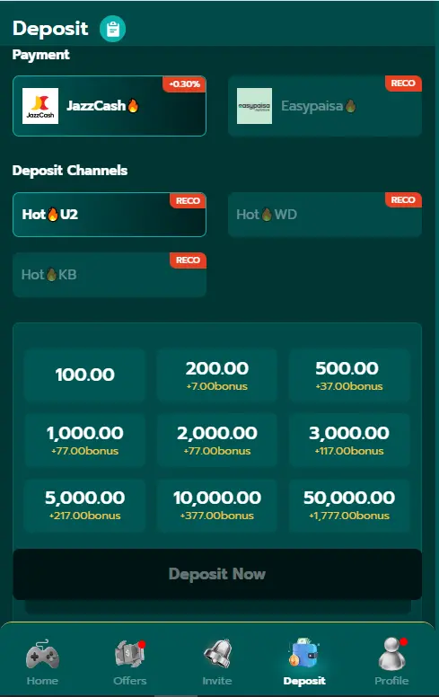 1PPP Game deposit page with JazzCash, Easypaisa, payment options, and deposit bonus for Android users.